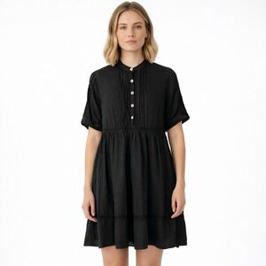 Haris Cotton 100% Linen Dress Size XS Black Crochet Trim Made in Greece Coastal